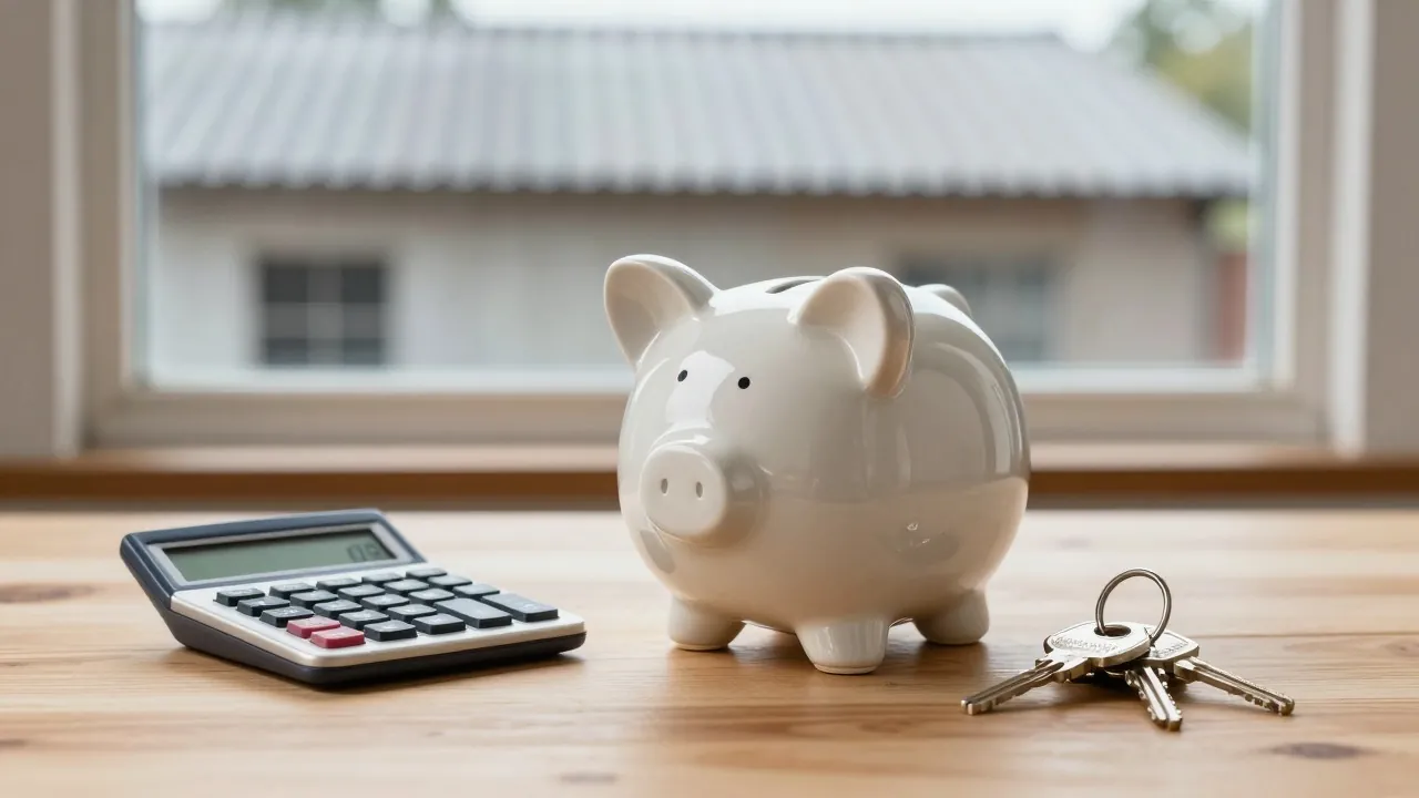 Tirelire, calculatrice et clés de maison devant un garage à toiture en fibrociment
