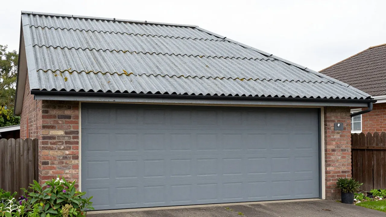 Garage couvert de plaques ondulées grises de type fibrociment, à côté d’une maison en briques