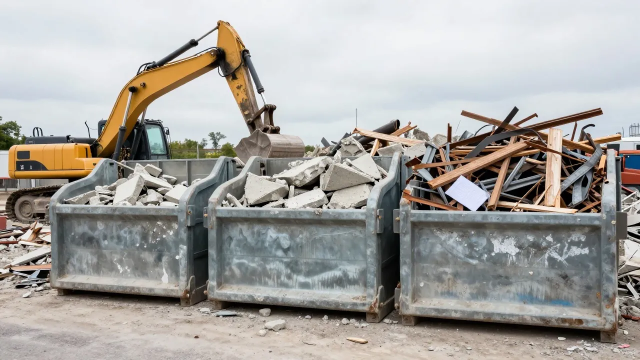 Bennes de chantier de démolition remplies séparément de béton, de métal et de bois