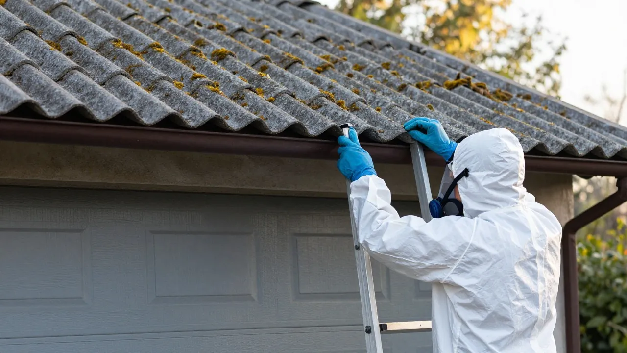 Garage couvert de plaques ondulées en fibrociment avant désamiantage