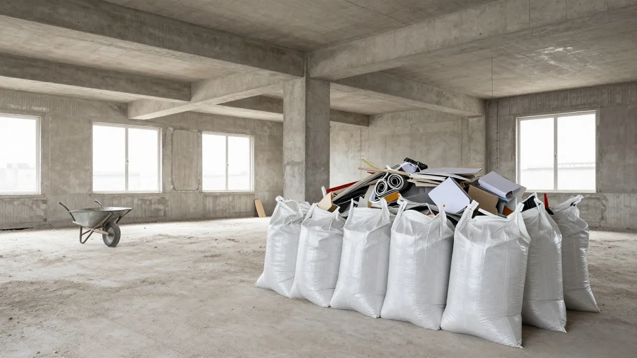 Intérieur d’un bâtiment curé avant démolition, matériaux triés en big bags