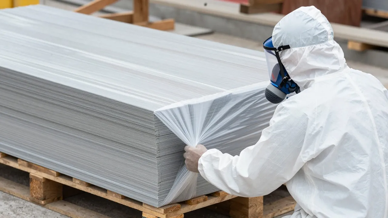 Plaques de fibrociment emballées sous film plastique avant leur évacuation